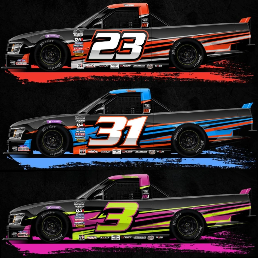 31 Motorsports 2026 truck livery reveal showing the #23, #31, and #3 race trucks stacked vertically